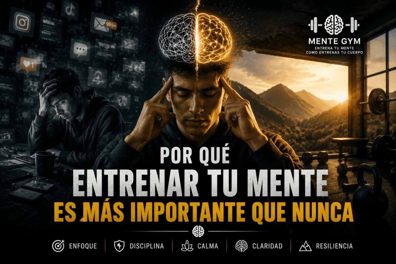 Persona entrenando su mente en un entorno de distracción digital representando el concepto de entrenamiento mental y enfoque de Mente Gym.